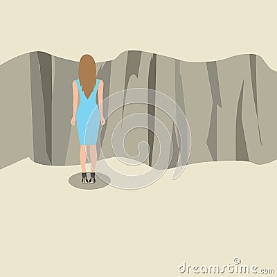 Young woman standing and looking at the edge of a cliff. Vector Illustration