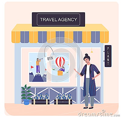 Young woman standing near travel agency showcase. Travel manager offers tour, trip, world cruise Vector Illustration