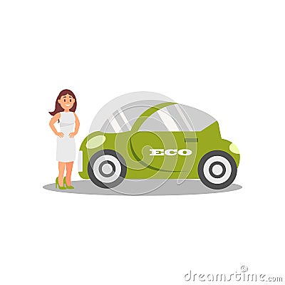 Young woman standing next green electric car, eco friendly alternative transportation vehicle vector Illustration on a Vector Illustration
