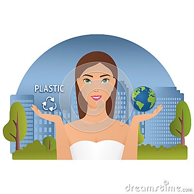 Young Woman standing among polluted city and holding world in hand. save planet abstract vector. Nature pollution and Vector Illustration