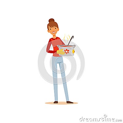 Young woman standing with a pot of soup, housewife girl cooking food in the kitchen flat vector Illustration Vector Illustration