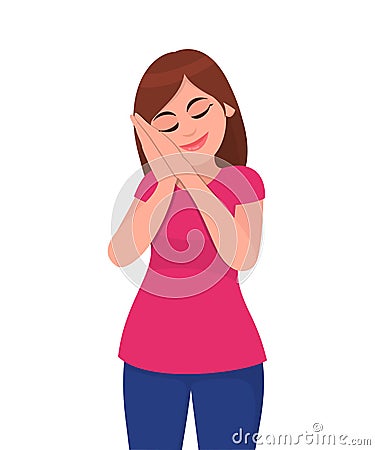 Young woman standing and sleeping tired dreaming with her eyes closed. Women pretending to sleep and making gesture. Vector Illustration