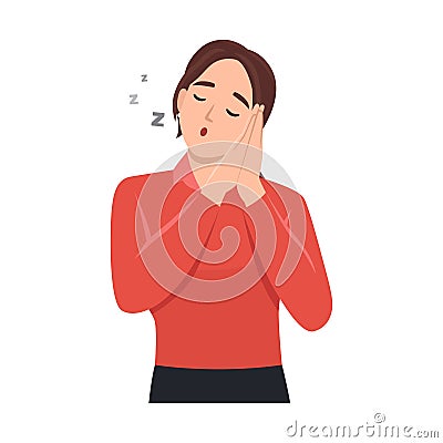 Young woman standing and sleeping tired dreaming with her eyes closed. Women pretending to sleep and making gesture. Sleepy tired Vector Illustration