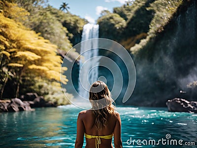 young woman standing in tropical blue lake looking at waterfall landscape Stock Photo