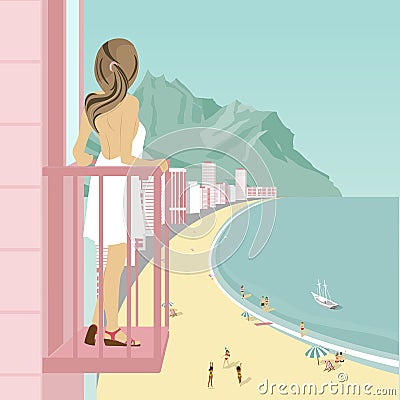 Young woman stands on balcony of hotel looking at ocean coast with people on beach, mountains and buildings along road Vector Illustration