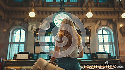 A young woman stands gazing up at the grand clock above the ticket counter luggage at feet. appears pensive perhaps Stock Photo