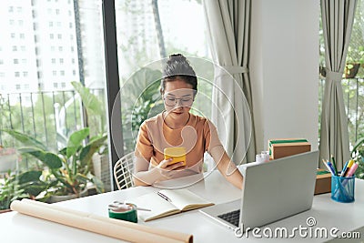 A young woman starting an online business works on her laptop and waits for orders Stock Photo