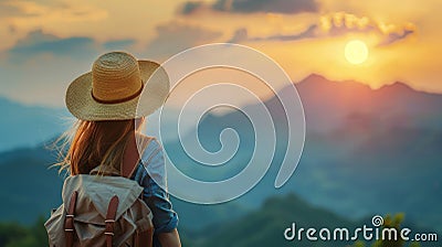 Young woman in straw hat with backpack, sunset mountains, rear view outdoor travel concept Stock Photo