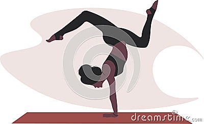 A young woman stretches the entire body in Asana Bhuja Vrischikasana Arm Balance Scorpion Pose on a yoga mate Vector Illustration