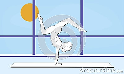 A young woman stretches the entire body in Asana Bhuja Vrischikasana Arm Balance Scorpion Pose in the studio room Vector Illustration
