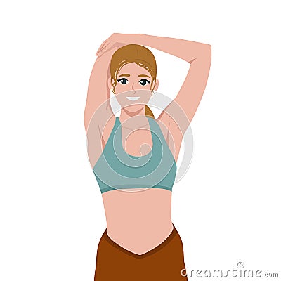Young woman stretching her arms and preparing for workout Vector Illustration