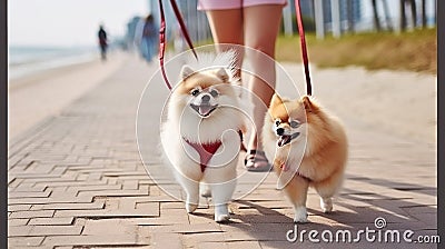 Young Woman Striding with her Two Pomeranian Spitz Puppies in Fashionable Attire. Generative AI Stock Photo