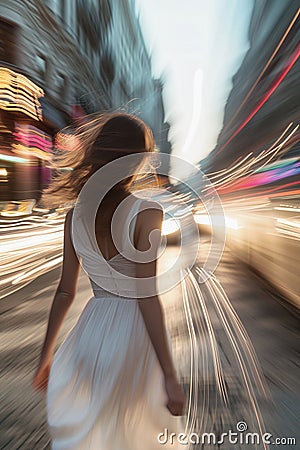 A young woman strolls through the bustling city street. Traffic light spots. Stock Photo