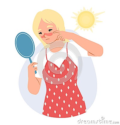 Young woman suffering about facial sunburn vector Vector Illustration