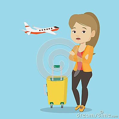 Young woman suffering from fear of flying. Vector Illustration