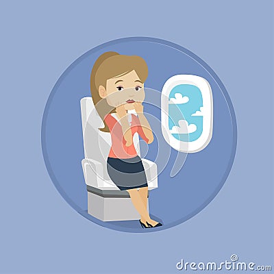 Young woman suffering from fear of flying. Vector Illustration