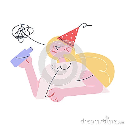 Young woman suffering from hangover drinking wine feeling unwell in morning Vector Illustration
