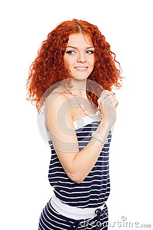 Young woman in a summer striped dress. Stock Photo