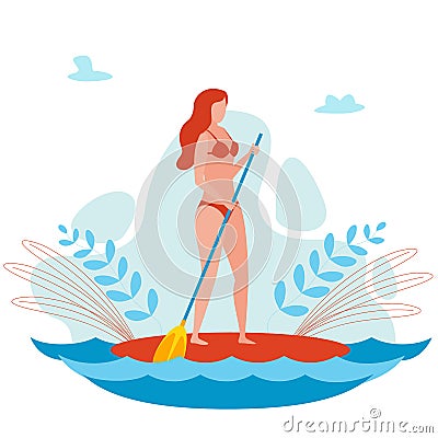 Young Woman on SUP Board Cartoon Vector Character Vector Illustration