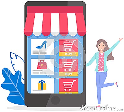 Young woman surfing internet, communicating by phone and shopping online. E-commerse concept Vector Illustration