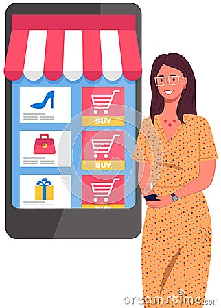 Young woman surfing internet, communicating by phone and shopping online. E-commerse concept Vector Illustration