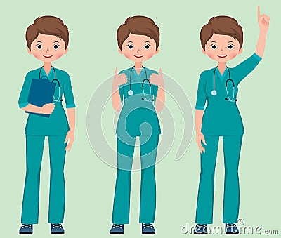 Vector set cartoon illustration of a young woman surgeon doctor or nurse in full length dressed in medical green uniform in Vector Illustration