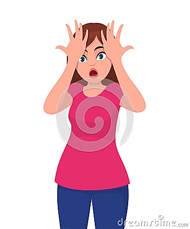 Young woman surprised with hands on head for mistake, remember error. Forgot, bad memory. Human emotion and body language concept. Vector Illustration