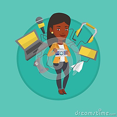 Young woman surrounded with her gadgets. Vector Illustration