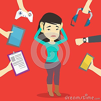 Young woman surrounded with her gadgets. Vector Illustration