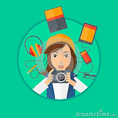 Young woman surrounded with her gadgets. Vector Illustration