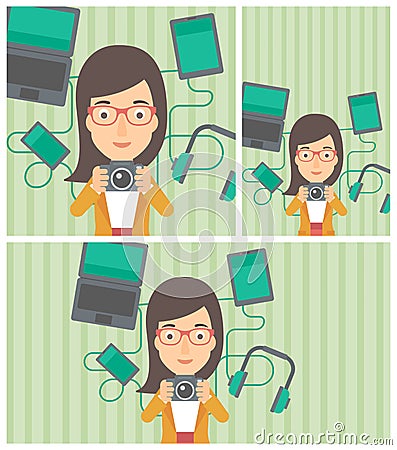 Young woman surrounded with her gadgets. Vector Illustration