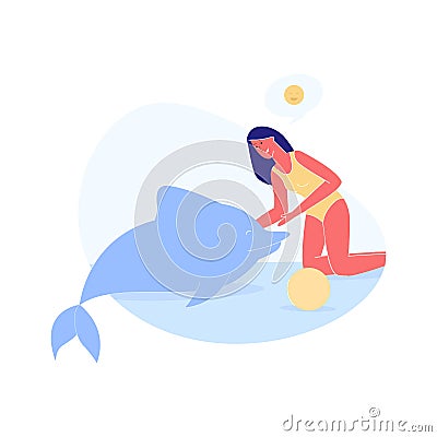 Young Woman Swim Caress Dolphin in Pool or Sea Vector Illustration