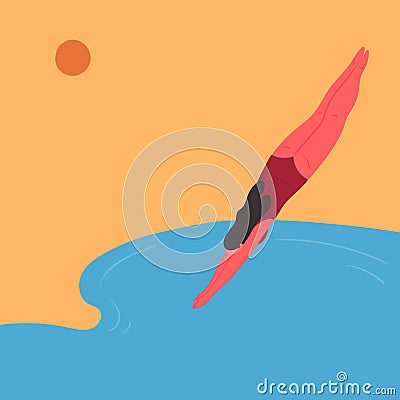 A young woman in a swimsuit dives into the water Vector Illustration