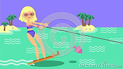 Young woman in swimsuit and sunglasses on water ski. Vector Illustration