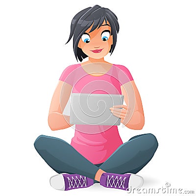 Young woman with tablet computer. Vector illustration. Vector Illustration