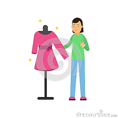Young woman tailor sewing dress on a dressmaker s dummy. Female fashion clothing designer character. Flat colorful Vector Illustration