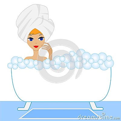 Young woman take a bath with foam Vector Illustration