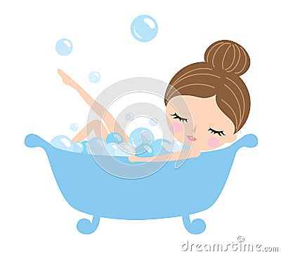 Young Woman in Bathtub. Vector Illustration