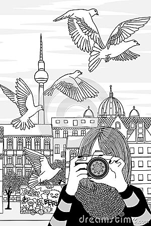 Young woman taking photos in Berlin Vector Illustration