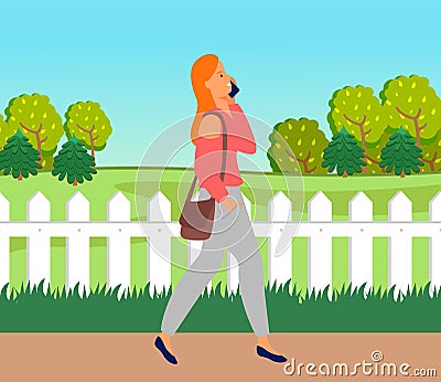 Young woman talking on cellphone on walk. Cute girl with gadget communicating with friend Vector Illustration