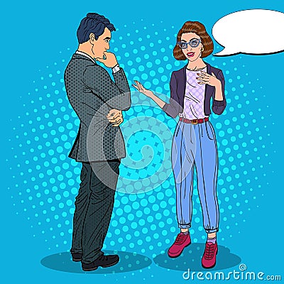 Young Woman Talking with Man. Business Meeting. Pop Art illustration Vector Illustration