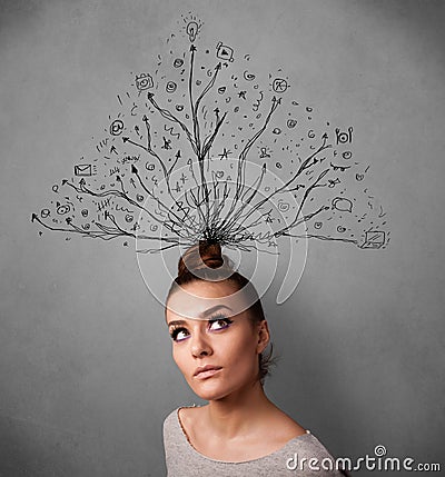 Young woman with tangled lines coming out of her head Stock Photo