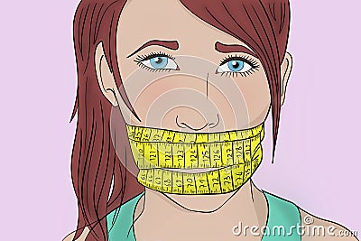 Young woman with tape measure covering her mouth and not letting her eat. Anorexia concept. Illustration Stock Photo