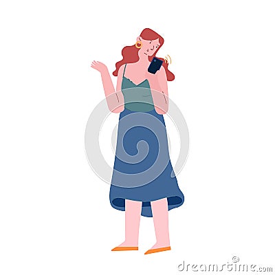 Young Woman Teenager Looking on Screen of Smartphone or Making Photo on Mobile Camera Isolated on White Background Vector Illustration