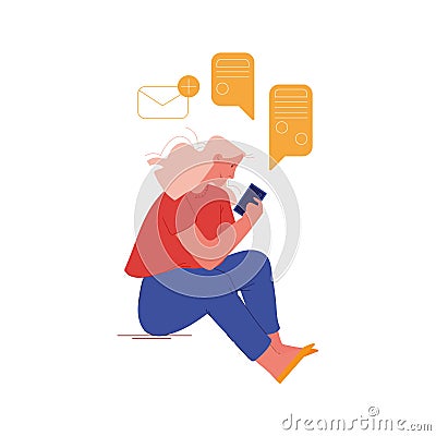 Young Woman or Teenager Looking on Screen of Smartphone Writing Messages on Mobile Phone in Internet Vector Illustration