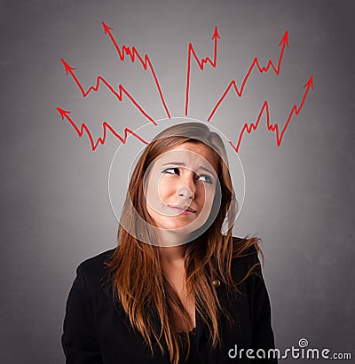 Young woman thinking with arrows overhead Stock Photo