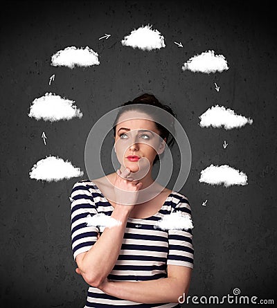 Young woman thinking with cloud circulation around her head Stock Photo