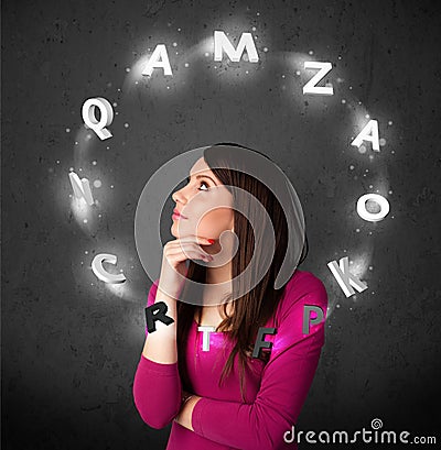 Young woman thinking with letter circulation around her head Stock Photo