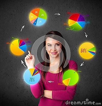 Young woman thinking with pie charts circulation around her head Stock Photo