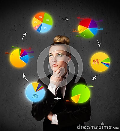 Young woman thinking with pie charts circulation around her head Stock Photo